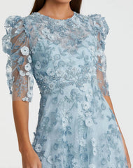 Blue Applique High Neck Puff Sleeve A Line Dress