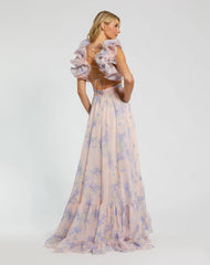 Light Pink Ruffle Tiered Cut-Out Chiffon Floral Gown