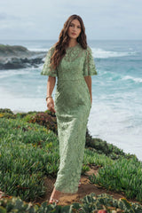 Green Flutter Sleeve Floral Embroidered Net Gown
