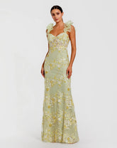 Green Embroidered Lace Floral Gown with Ruffle Straps