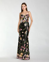 Black Sleeveless Bustier Floral Applique Gown