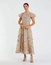 Beige Flutter Sleeve Butterfly Embroidered Maxi Dress