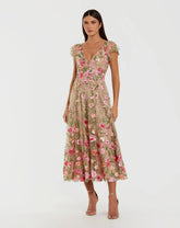 Beige Floral Embroidered Flutter Sleeve Midi Dress