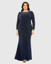 Navy Long Sleeve Embellished Neckline Jersey Gown - FINAL SALE