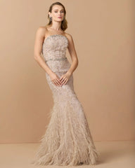 Beige Strapless Embellished Mermaid Gown With Feather Hem