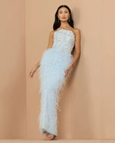 Blue Embellished Strapless Feather Gown