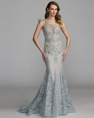 Blue Embellished Lace One Shoulder Gown With Feather Detail