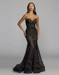 Black Embellished Lace Strapless Trumpet Gown