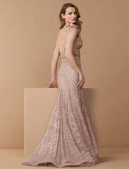 Pink Embellished Lace Illusion Neck Gown With 3D Flowers