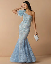 Blue Sleeveless One Shoulder Embroidered Mermaid Gown