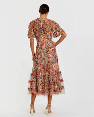 Multicolor Floral Midi Dress with Ruffle Detailing
