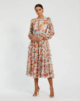 Multicolor Long Sleeve Ruffle Criss Cross Midi Dress
