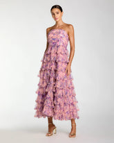 Pink Floral Ruffle Tiered Strapless Midi Dress
