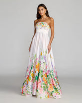 White Floral Print Strapless Satin A Line Gown With Pockets