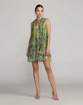 Green Printed Sleeveless High Neck Ruffle Mini Dress