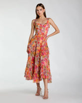 Multicolor Floral Scoop Neck A-Line Ruffle Midi Dress