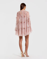 Pink Embellished Long Sleeve Trapeze Dress with Ruffle Hem