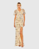 Beige Flutter Sleeve Embellished Evening Gown