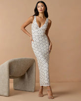 White Pearl Embellished Sleeveless Column Dress
