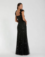 Sleeveless Mesh Gown With Floral Shoulder Detail