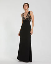 Petite Black Crepe Sleeveless Beaded V Neck Gown With Bow
