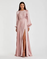 Petite Pink Pleated High Neck Raglan Long Sleeve Side Slit Gown