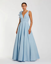 Petite Light Blue Sleeveless Plunge Neck Ball Gown With Bow Detail