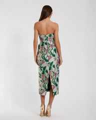 Petite Multicolor Floral Brocade Strapless Fitted Midi Dress