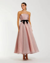Petite Pink Polka Dot Organza Strapless Dress With Bow