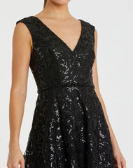 Black V Neck Cap Sleeve Sequin Dress