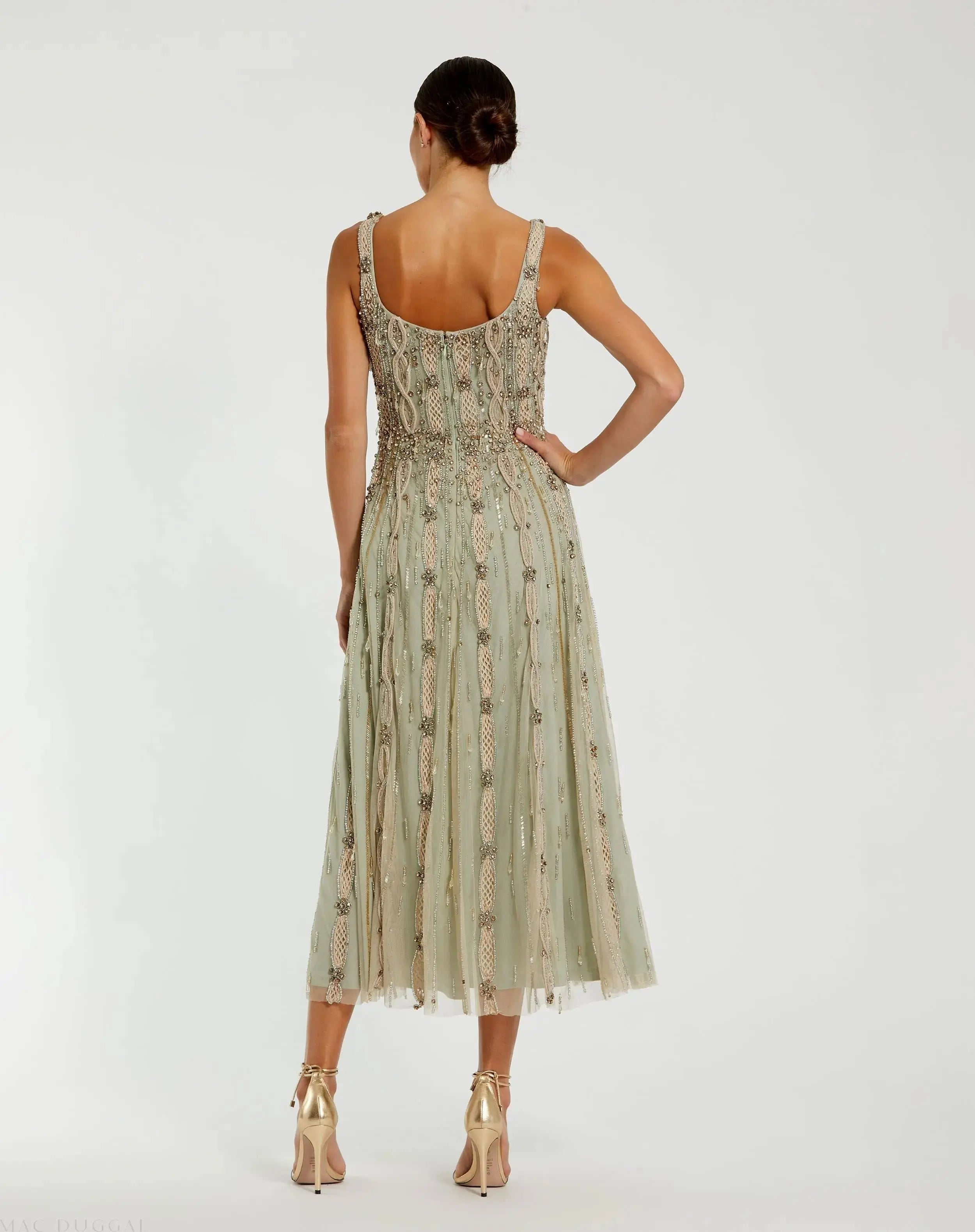 Green Sleeveless Scoop Neck Embellished Midi Dress