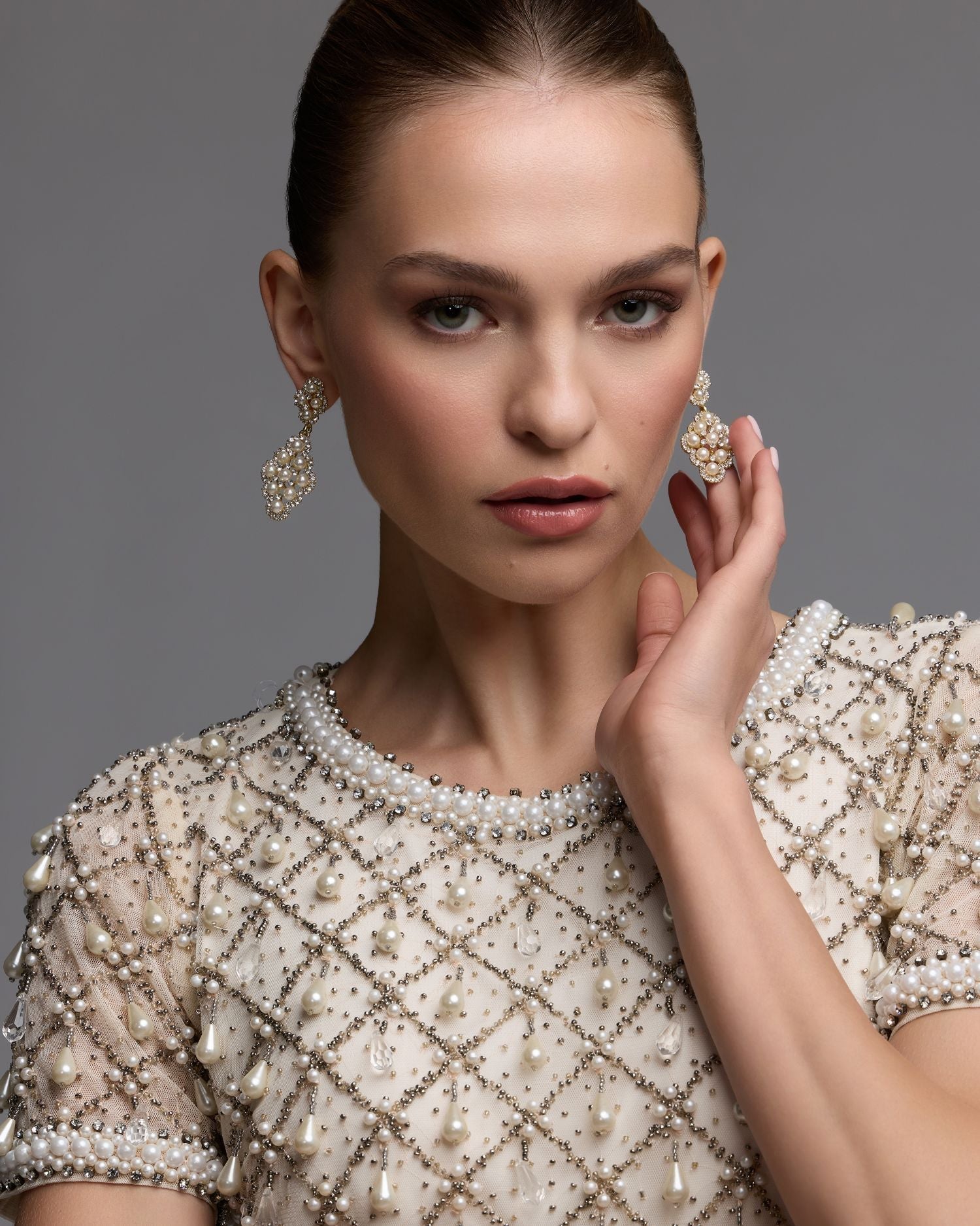 Ivory Pearl Embellished Short Sleeve Mini Dress