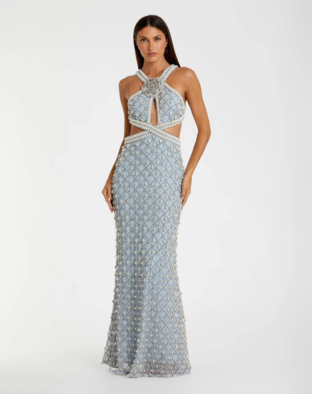 Blue Pearl Embellished Open Back Gown
