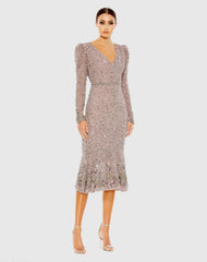Purple Sequin Dress with Beaded Hemline and Belt