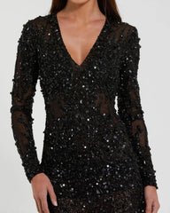 Black Long Sleeve Sheer Embellished Mini Dress