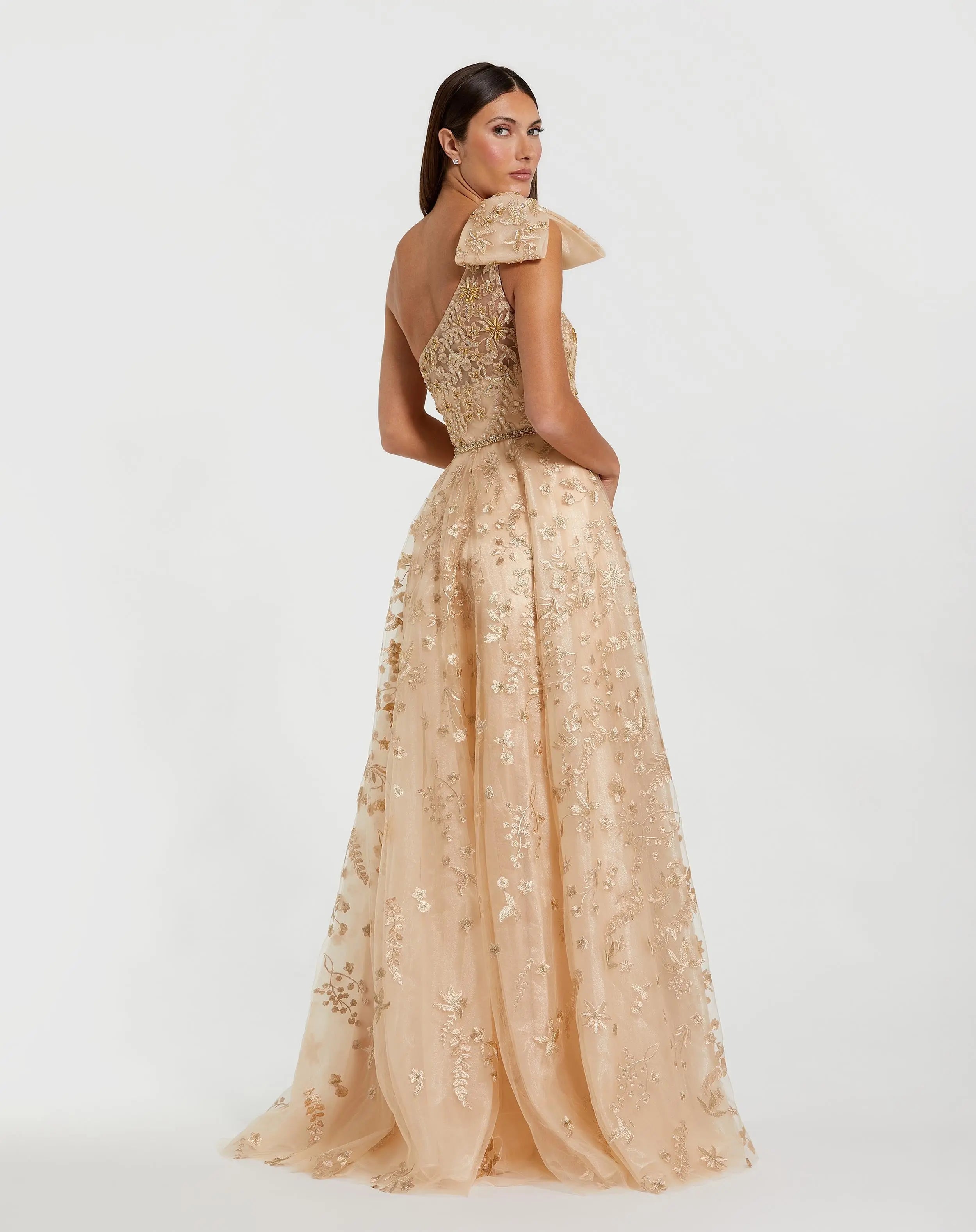 Beige Embellished Bow One Shoulder A Line Gown
