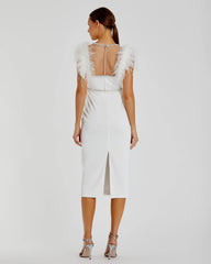 White Feather Cap Sleeve Pearl Embellished Tea-length Dress