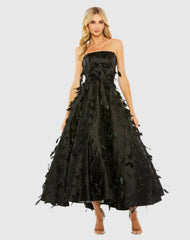 Black Strapless Feather Embellished Satin A-Line Dress