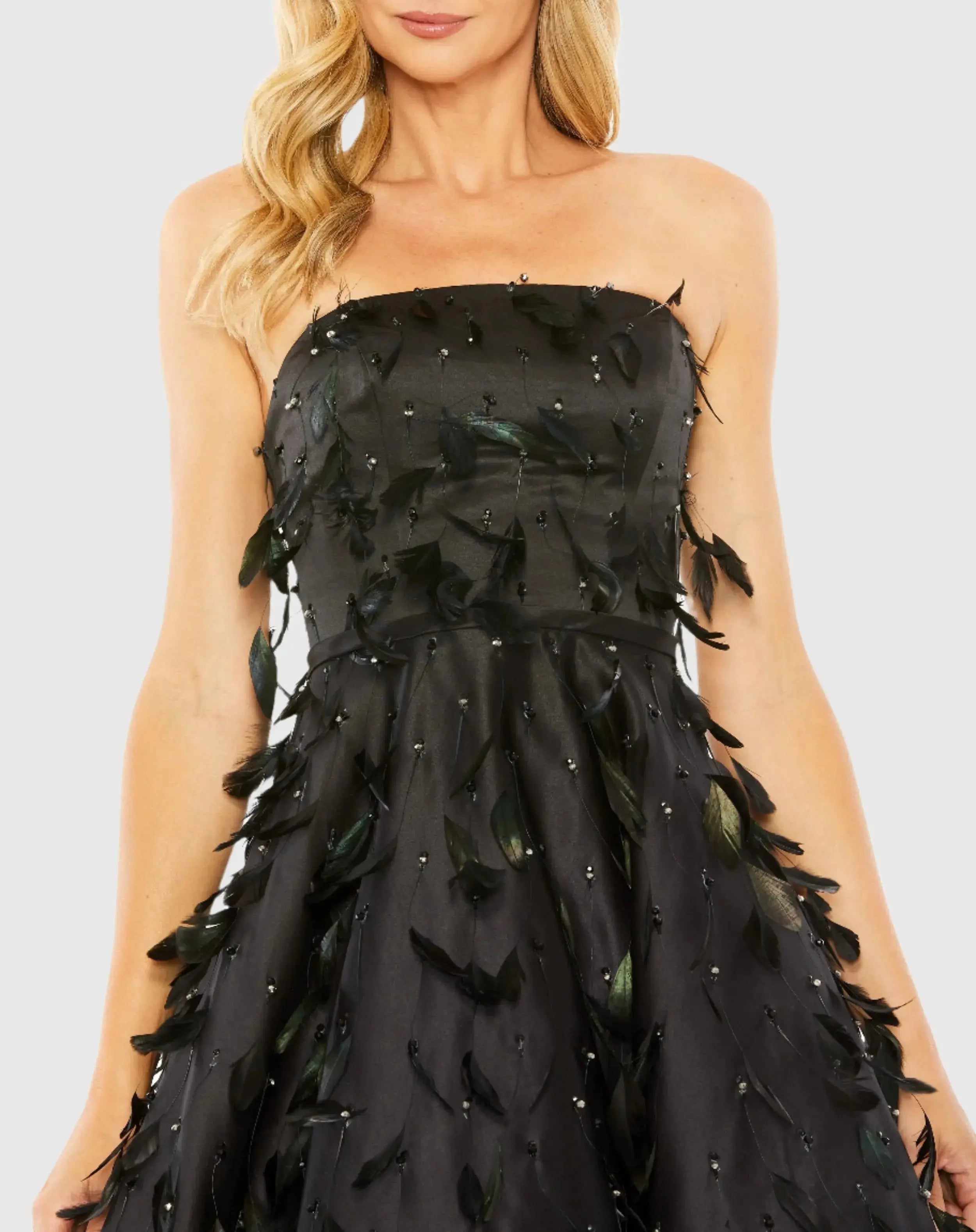 Black Strapless Feather Embellished Satin A-Line Dress