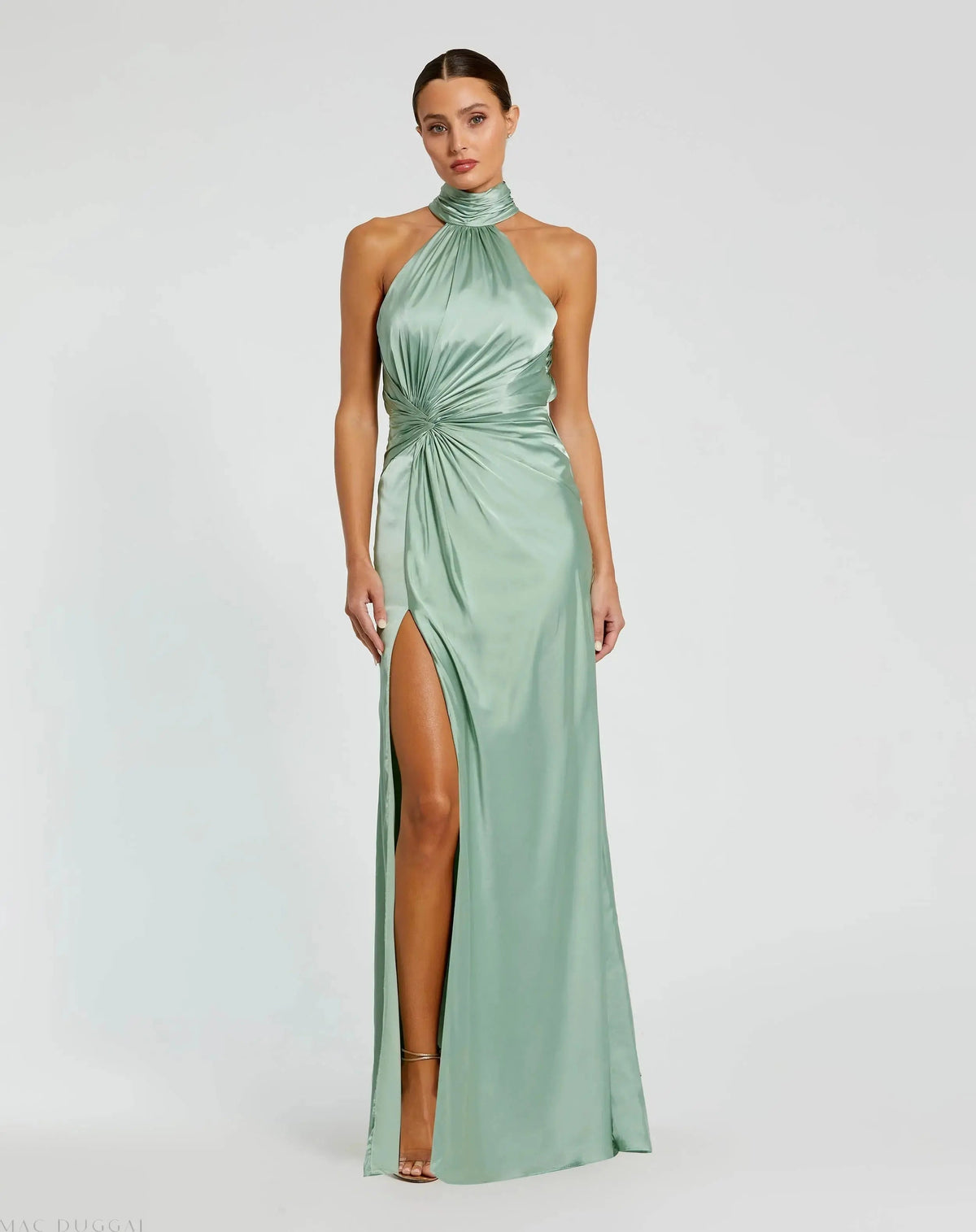 Green Sleeveless Open Back Satin Gown