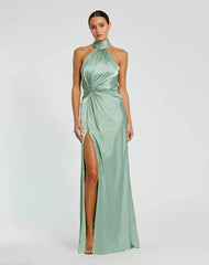 Green Sleeveless Open Back Satin Gown