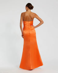 Orange  Strapless Satin Gown With Slit