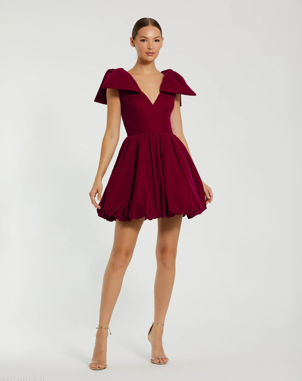 Red Velvet Shoulder Bow Bubble Mini Dress - FINAL SALE