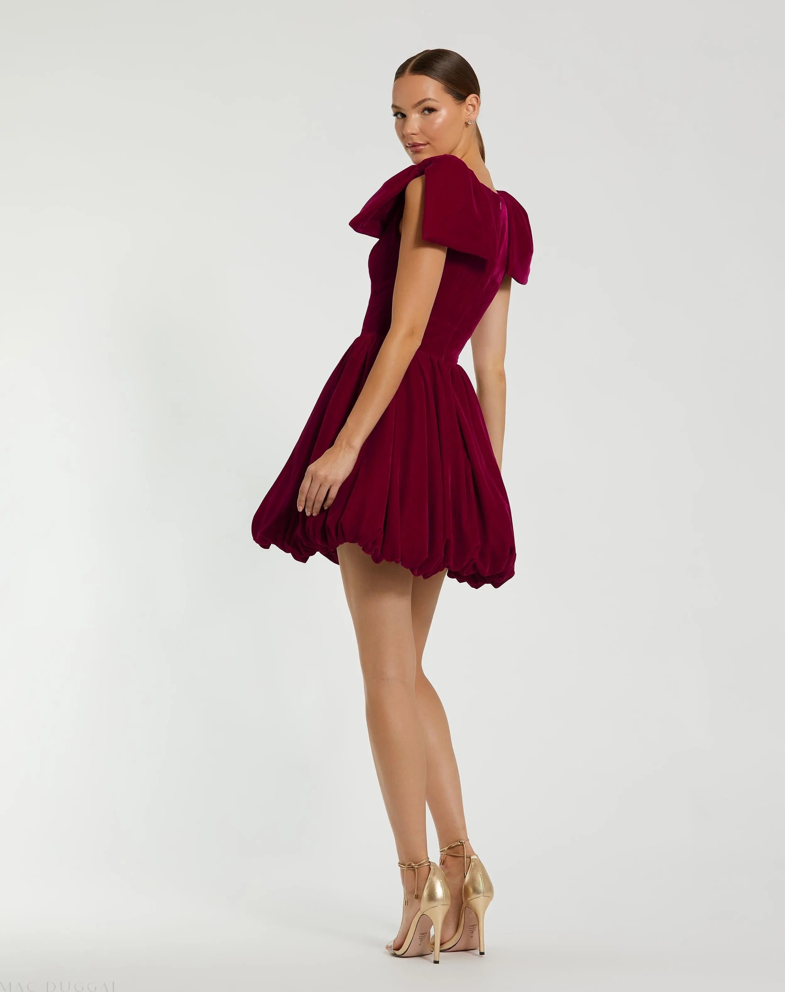 Red Velvet Shoulder Bow Bubble Mini Dress - FINAL SALE