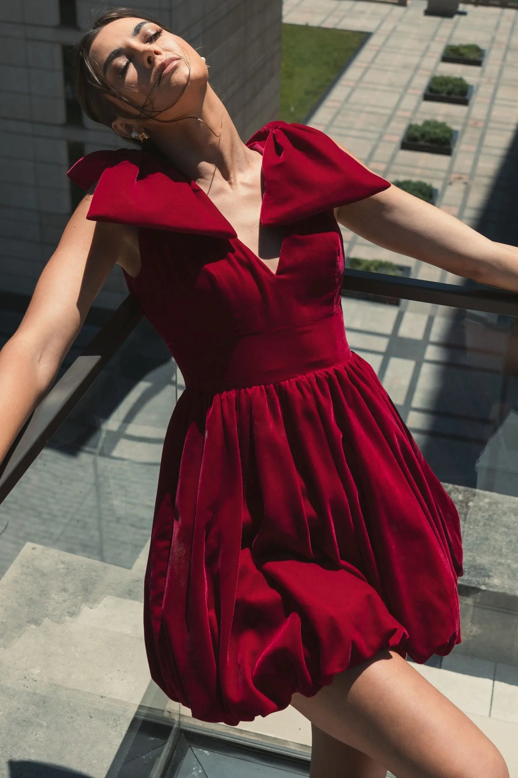 Red Velvet Shoulder Bow Bubble Mini Dress - FINAL SALE