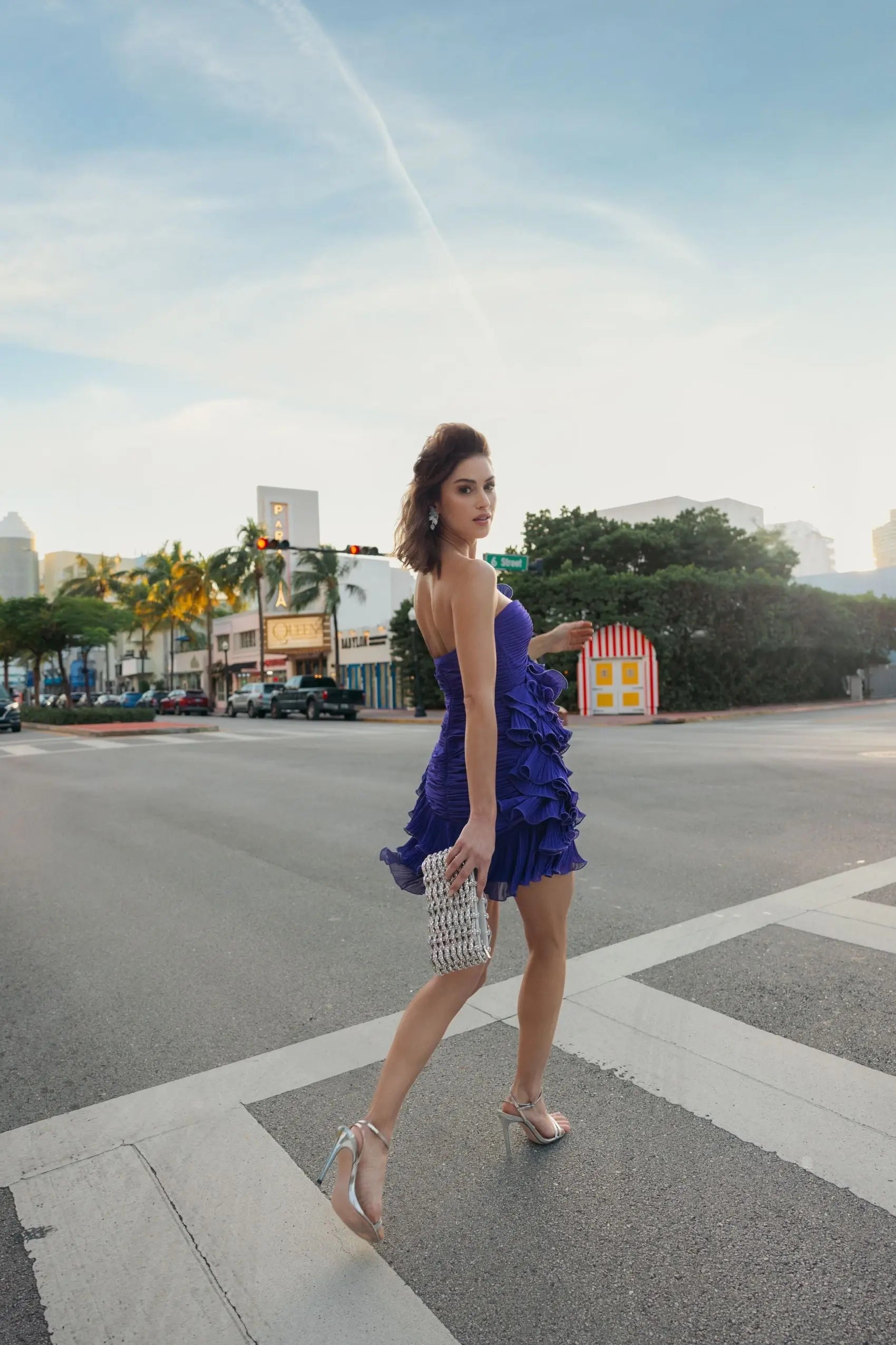 Blue Strapless Tiered Ruffle Mini Dress