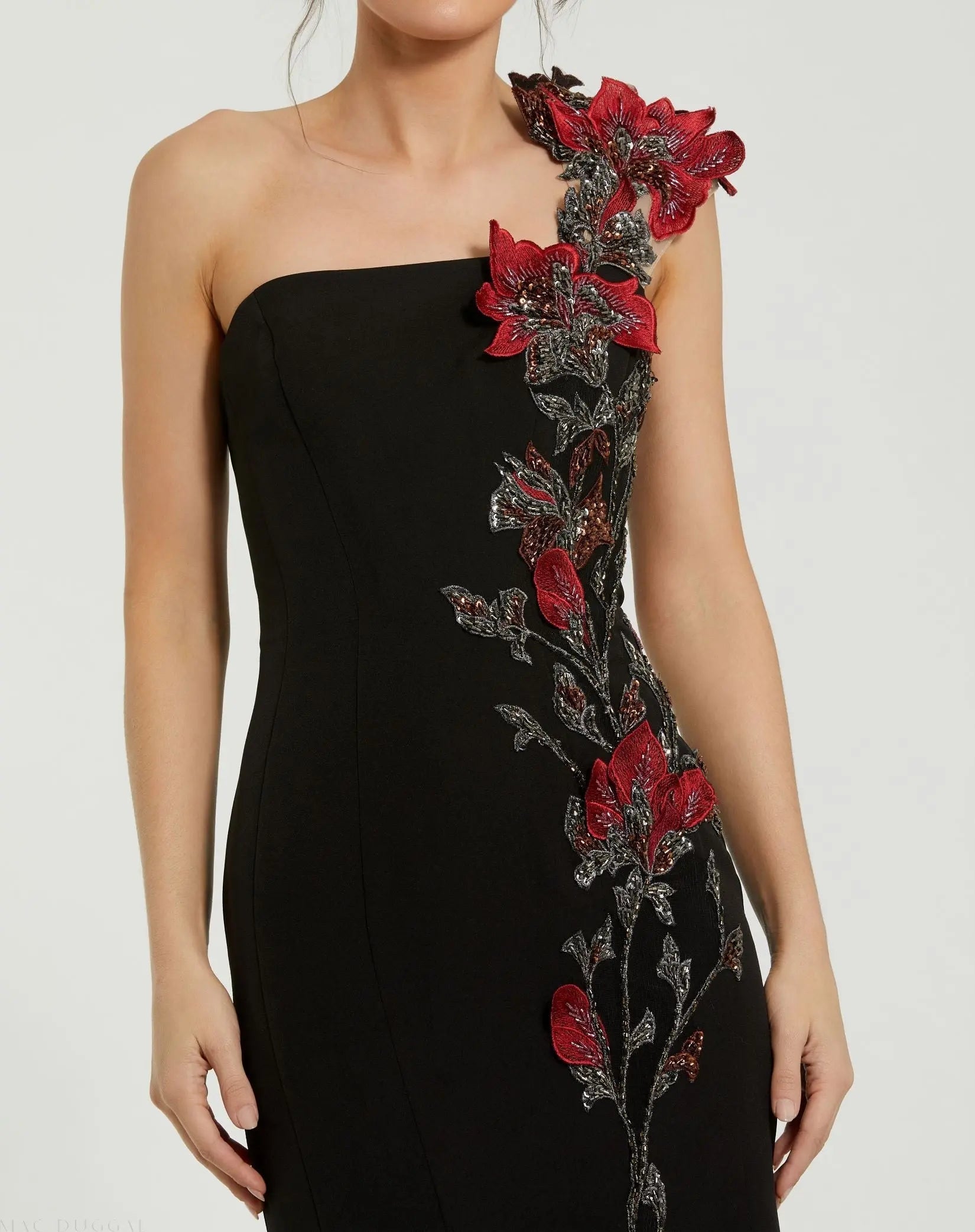 Black One Shoulder Embroidered Mermaid Gown