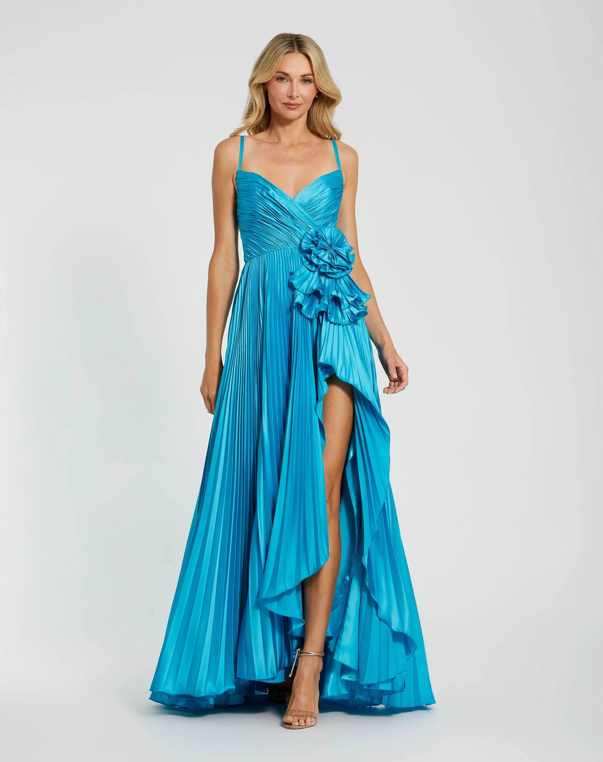 Blue Pleated High Low Gown With 3D Flower