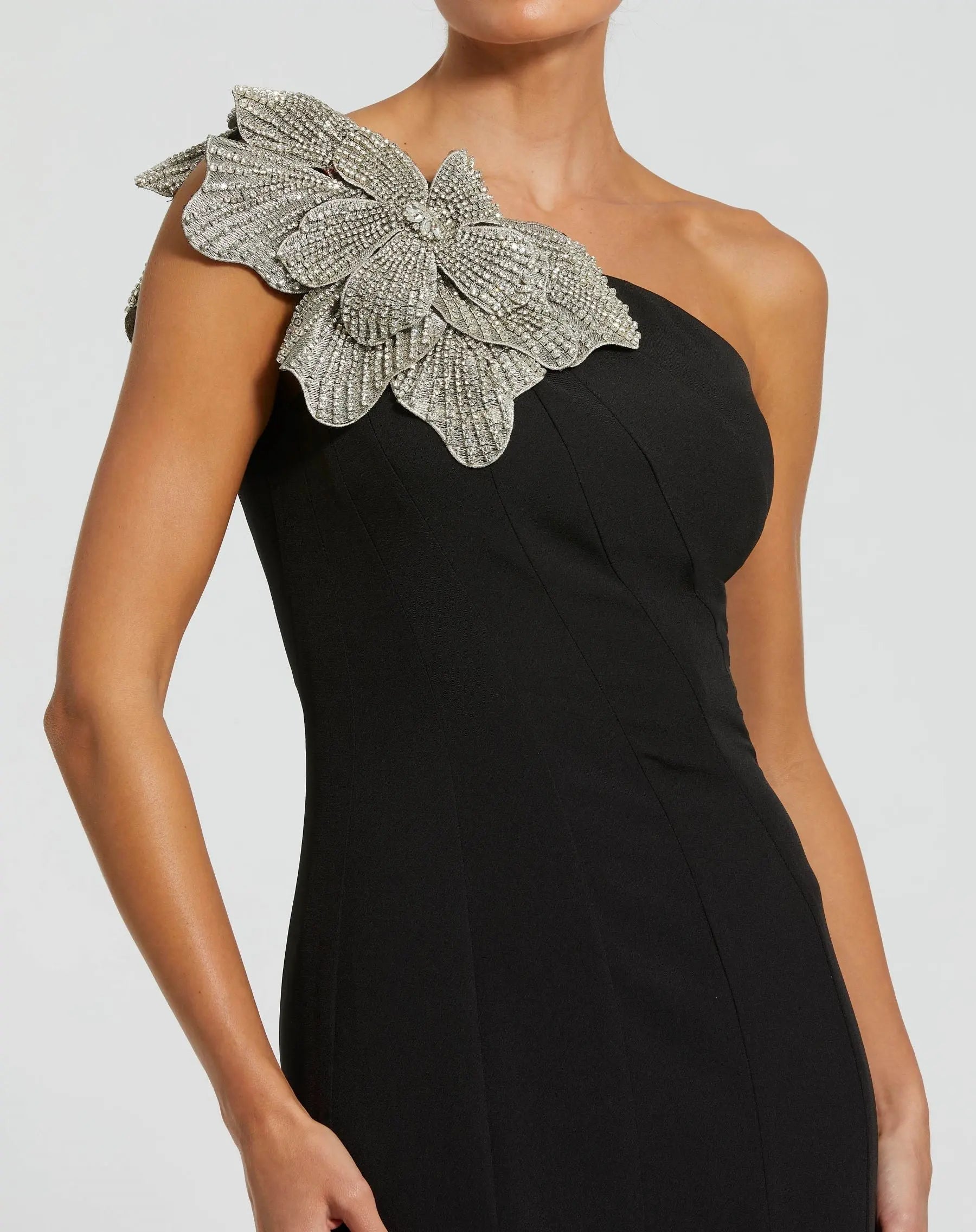 Black Crepe One Shoulder Gown With Crystal Flower