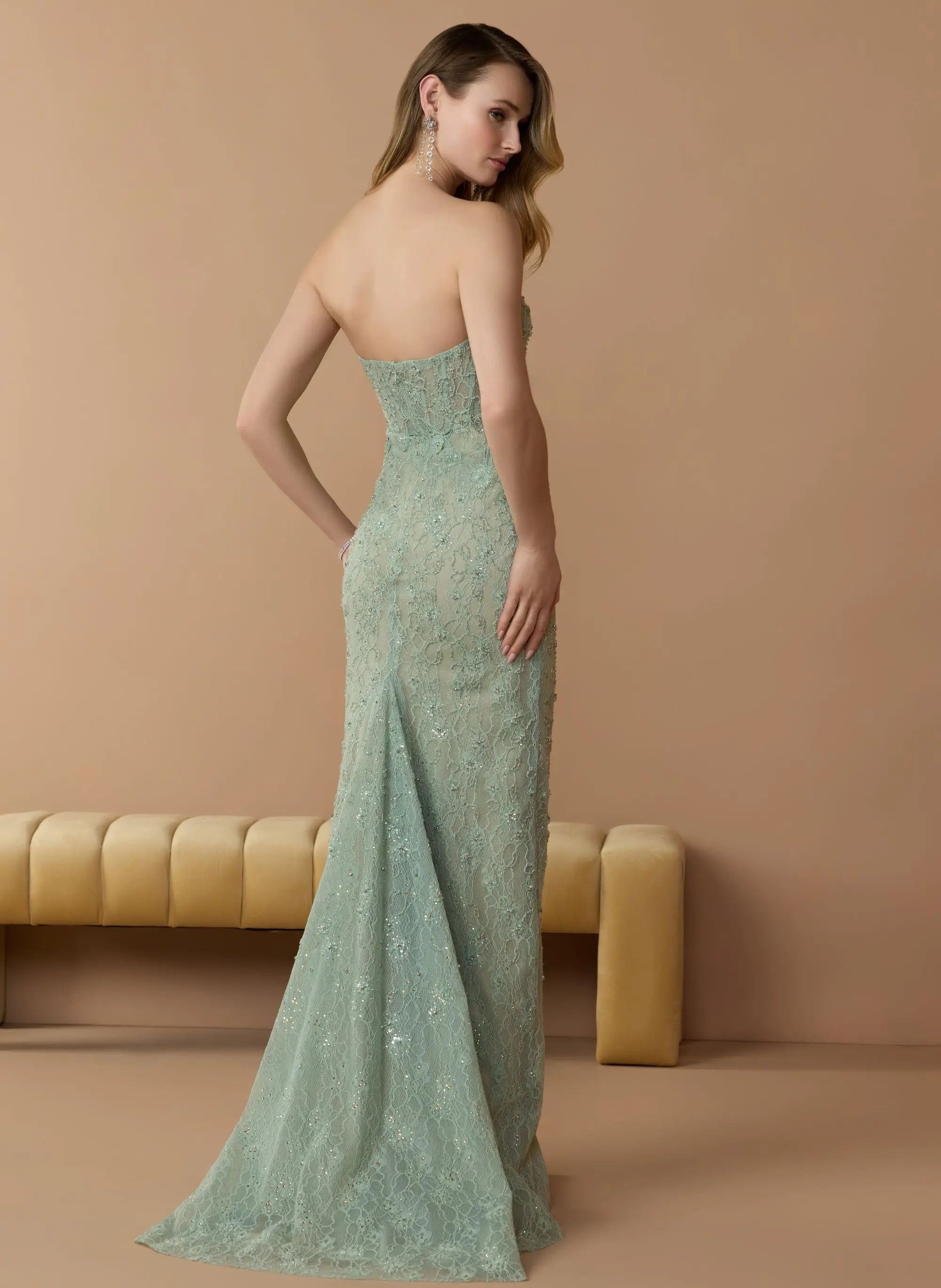 Green Embellished Strapless Bustier Gown With Sweeping Train